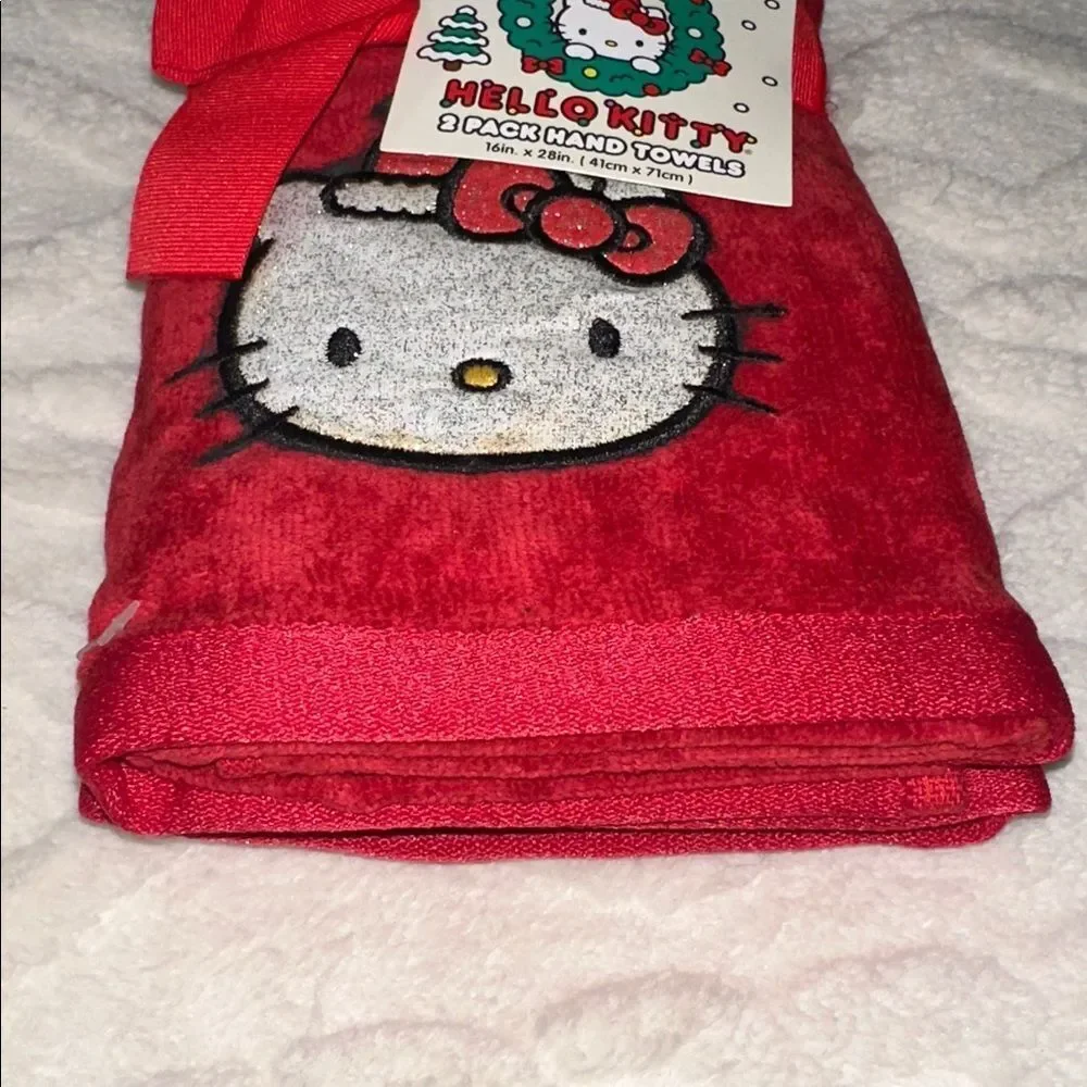 Hello Kitty 2 Pack Red Silver Metallic Black Christmas Hand Towels Bow Wrap